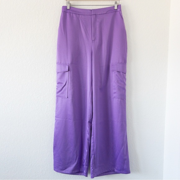 NWT Haute Monde Satin Cargo Pants Large Purple Wide Leg - Picture 1 of 6